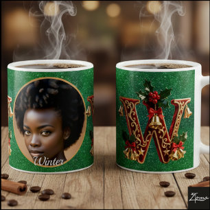 Luxury Red Velvet Gold Christmas Letter W Coffee Mug