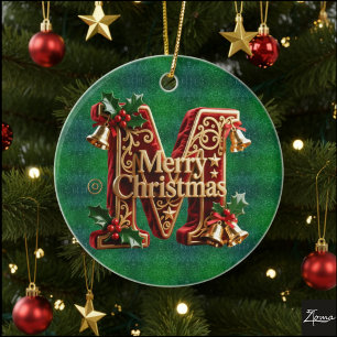 Luxury Red Velvet Gold  Merry Christmas  Ceramic Ornament