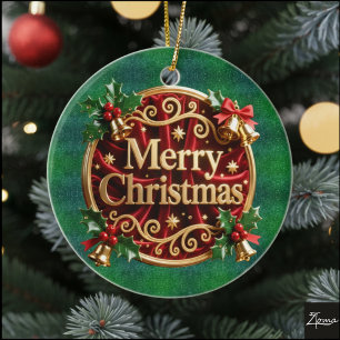 Luxury Red Velvet Gold  Merry Christmas  Ceramic Ornament