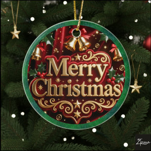 Luxury Red Velvet Gold  Merry Christmas  Ceramic Ornament