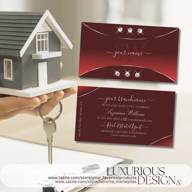 Luxury Red with Silver Decor Diamonds and Monogram Business Card (Creator Uploaded)