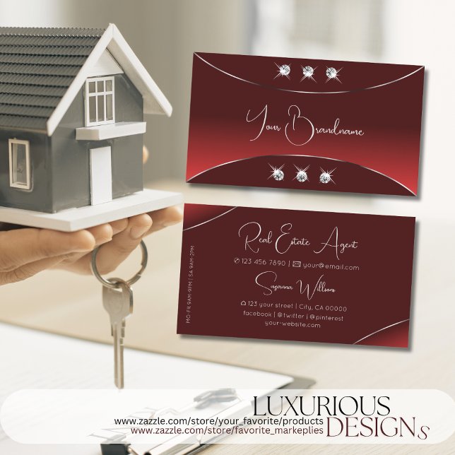 Luxury Red with Silver Decor Sparkling Diamonds Business Card (Creator Uploaded)