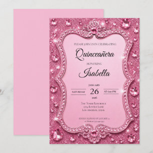 Luxury Rhinestones Pink Glitter Quinceañera Invitation