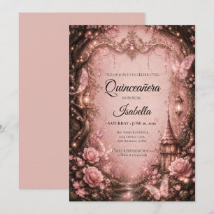 Luxury Rhinestones Pink Quinceañera Invitation