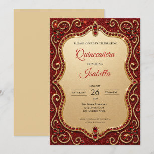 Luxury Rhinestones Red Glitter Quinceañera Invitation