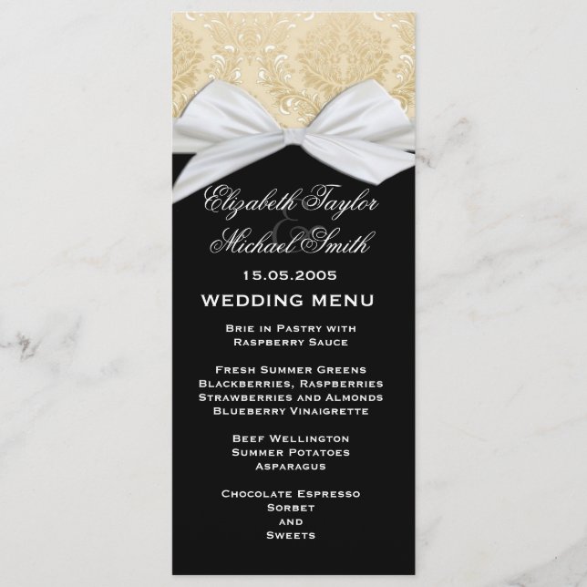Luxury Ribbon Black Gold Damask Wedding Menu (Front)