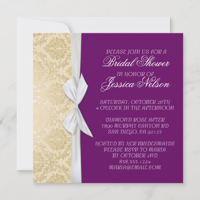 Luxury Ribbon Purple Gold Damask Shower Invite (Front)