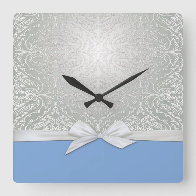 Luxury Ribbon Silver/Blue Damask Clock (Front)