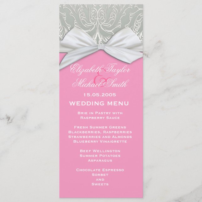 Luxury Ribbon Silver/Pink Damask Wedding Menu (Front)