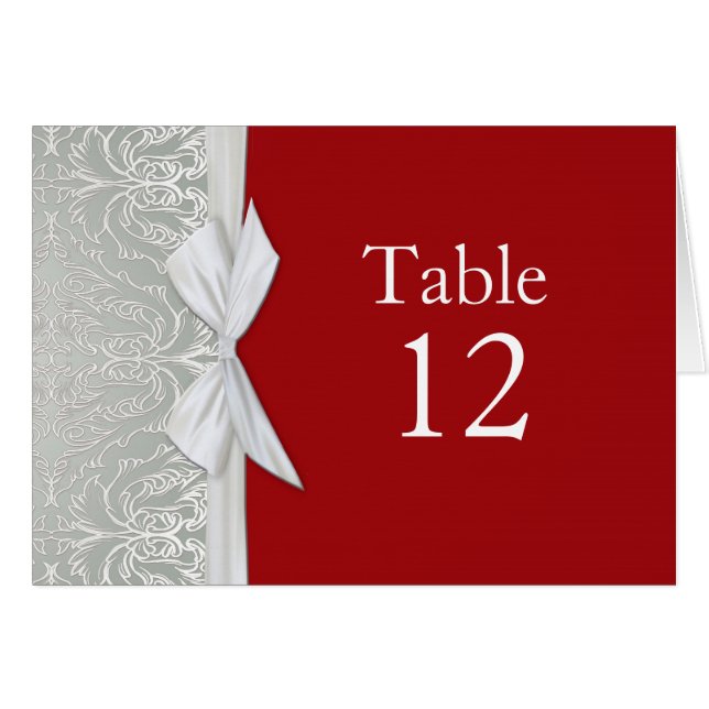 Luxury Ribbon Silver/Red Damask Table card (Front Horizontal)