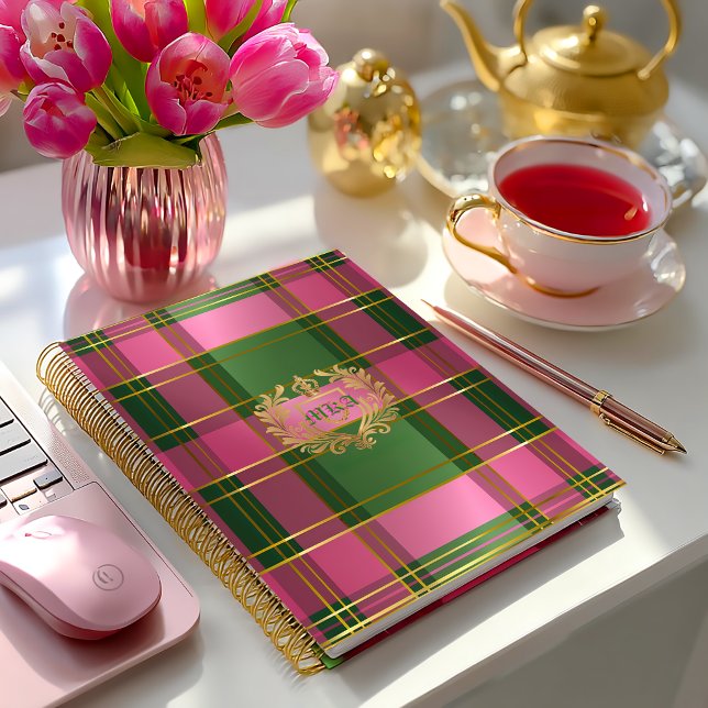 Luxury Rich Pink Green Plaid Crest Monogram Notebook (Post Preppy Pink and Green Personal Journal )