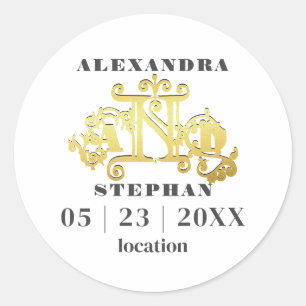 Luxury Romantic Flourish Calligraphy Wedding Gold Classic Round Sticker