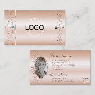 Luxury Rose Coral Squiggled Jewels Logo and Photo Business Card