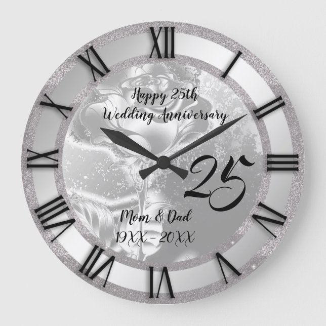 Luxury Rose Glitter Silver 25th Anniversary Large Clock (Front)