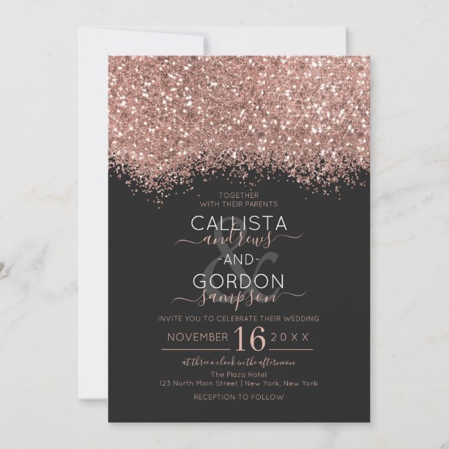 Luxury Rose Gold Black Glitter Confetti Wedding Invitation (Front)
