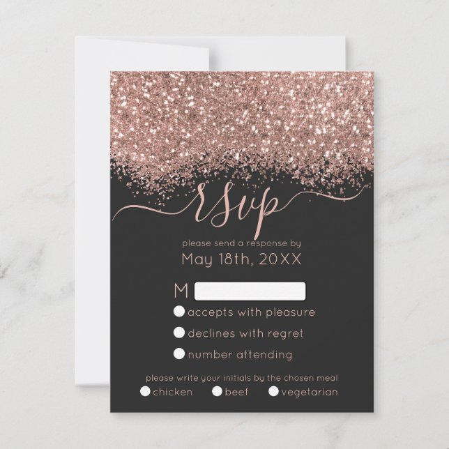 Luxury Rose Gold Black Glitter Confetti Wedding RSVP Card (Front)