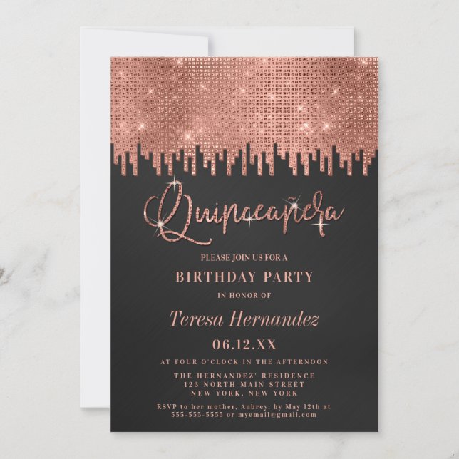 Luxury Rose Gold Black Glitter Pixels Quinceañera Invitation (Front)