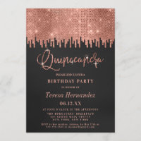 Luxury Rose Gold Black Glitter Pixels Quinceañera