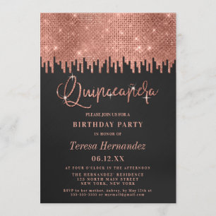 Luxury Rose Gold Black Glitter Pixels Quinceañera Invitation