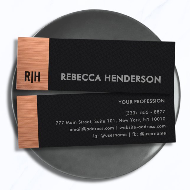 Luxury Rose Gold & Black Leather Monogram Mini Business Card (Creator Uploaded)