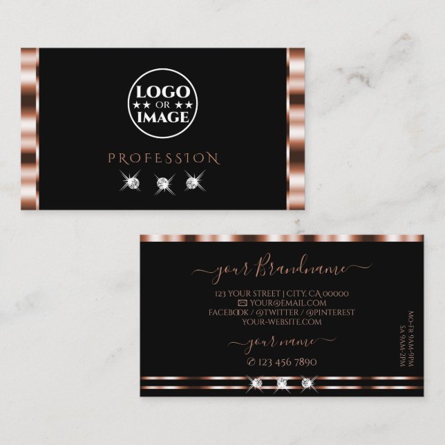 Luxury Rose Gold Black Sparkling Diamonds Add Logo Business Card (Front/Back)