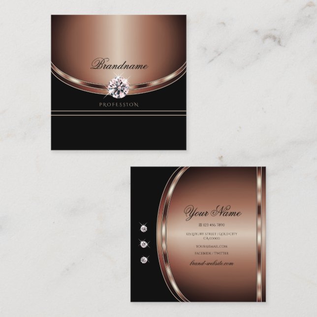 Luxury Rose Gold Black Sparkling Faux Rhinestones Square Business Card (Front/Back)