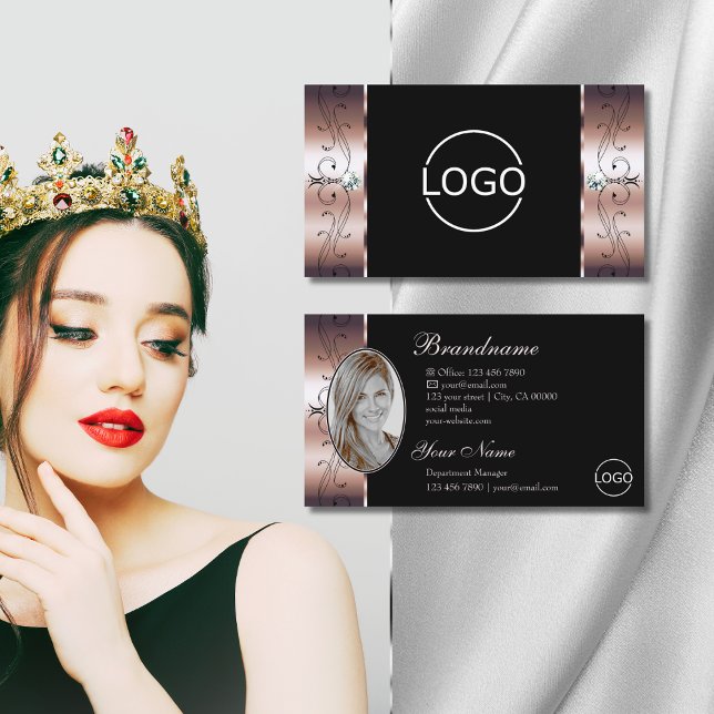 Luxury Rose Gold Black Squiggled Jewels Logo Photo Business Card (Creator Uploaded)