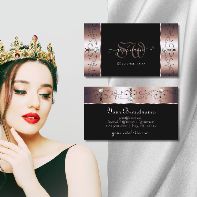 Luxury Rose Gold Black Squiggled Jewels Monogram Business Card (Creator Uploaded)