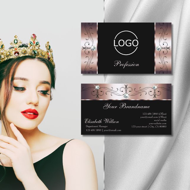 Luxury Rose Gold Black Squiggled Jewels with Logo Business Card (Creator Uploaded)