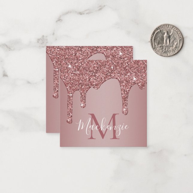 Luxury Rose Gold Dripping Glitter Monogram Card (Front/Back In Situ)
