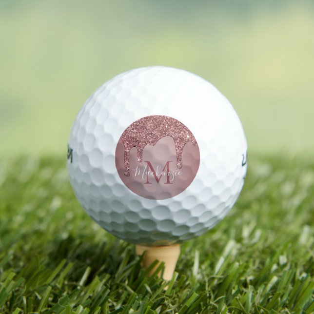Luxury Rose Gold Dripping Glitter Monogram Golf Balls (Insitu Tee)