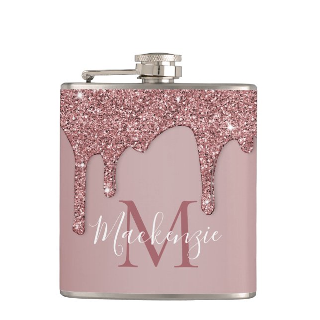 Luxury Rose Gold Dripping Glitter Monogram Hip Flask (Front)