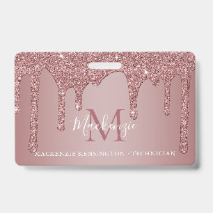 Luxury Rose Gold Dripping Glitter Monogram Photo ID Badge