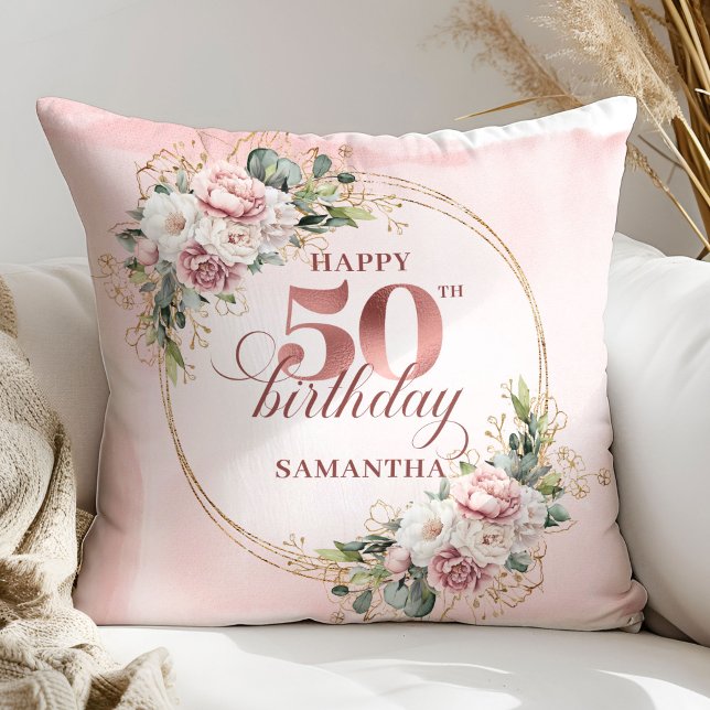Luxury Rose Gold Floral Greenery 50th Birthday  Cushion (Luxury Rose Gold Floral Greenery 50th Birthday Pillow Gift)
