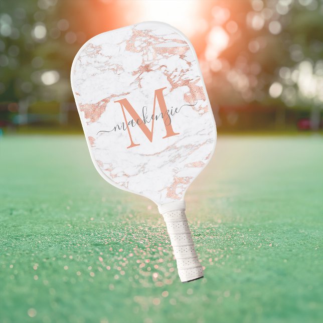 Luxury Rose Gold Foil Marble Monogram Pickleball Paddle (Luxury Rose Gold Foil Marble Monogram Pickleball Paddle)