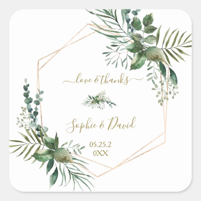 Luxury Rose Gold Geometric Greenery Wedding Square Sticker (Front)