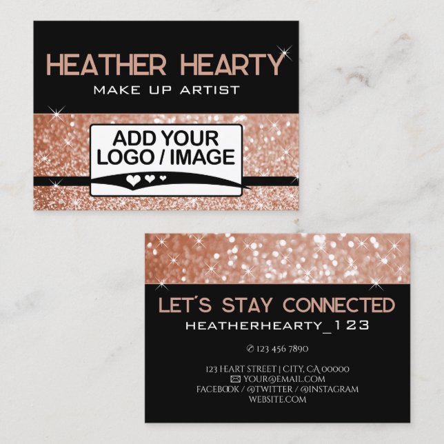Luxury Rose Gold Glam Black Glitter Logo Template Business Card (Front/Back)