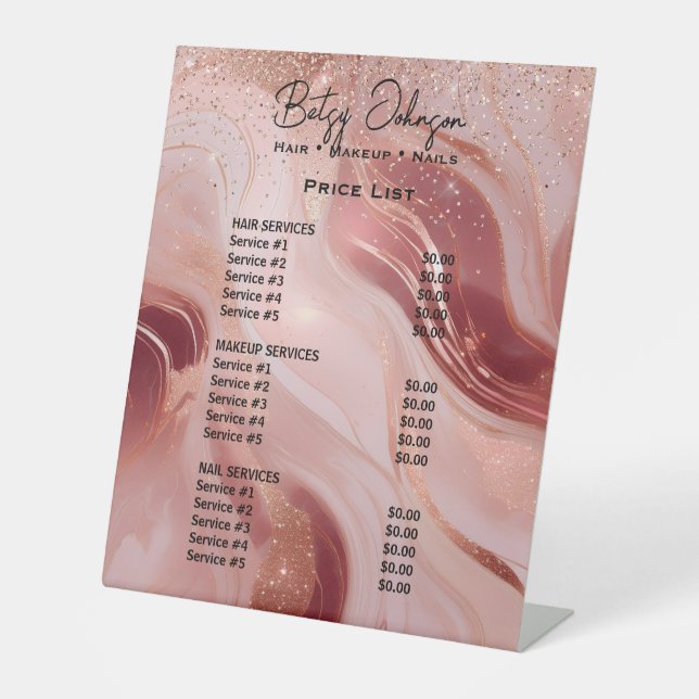 Luxury Rose Gold Glitter Beauty Salon Price List Pedestal Sign (Front)