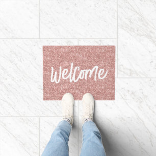 Luxury Rose Gold Glitter Brush Script Welcome Doormat