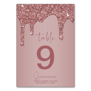 Luxury Rose Gold Glitter Drips Quinceanera Table Number