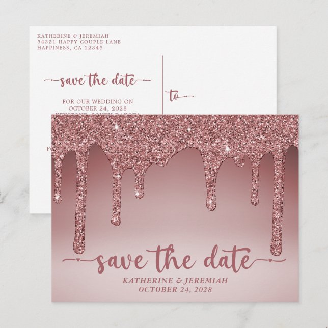 Luxury Rose Gold Glitter Drips Save The Date Announcement Postcard (Front/Back)