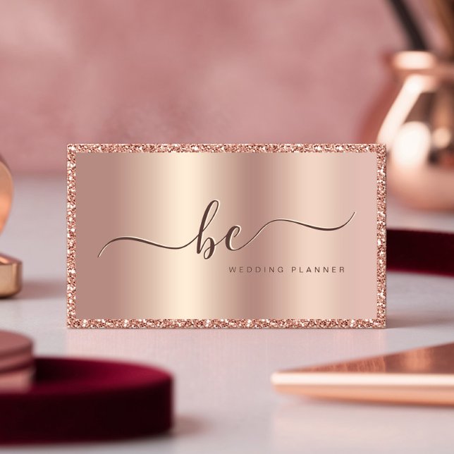 Luxury Rose Gold Glitter Frame Script Monogram Business Card (Creator Uploaded)