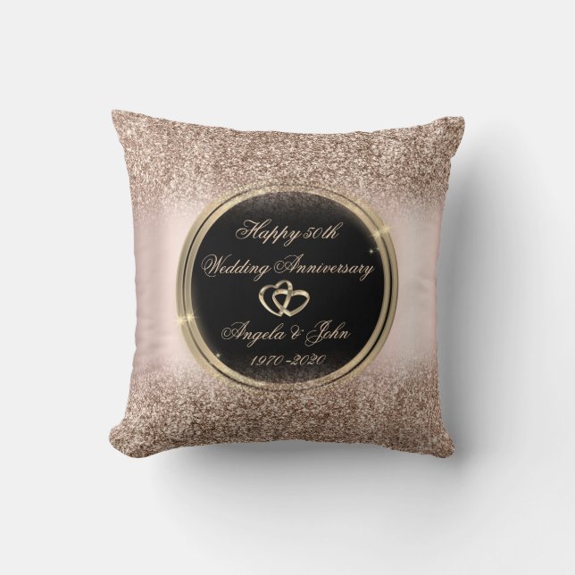 Luxury Rose Gold Glitter Hearts 50th Anniversary Cushion (Front)