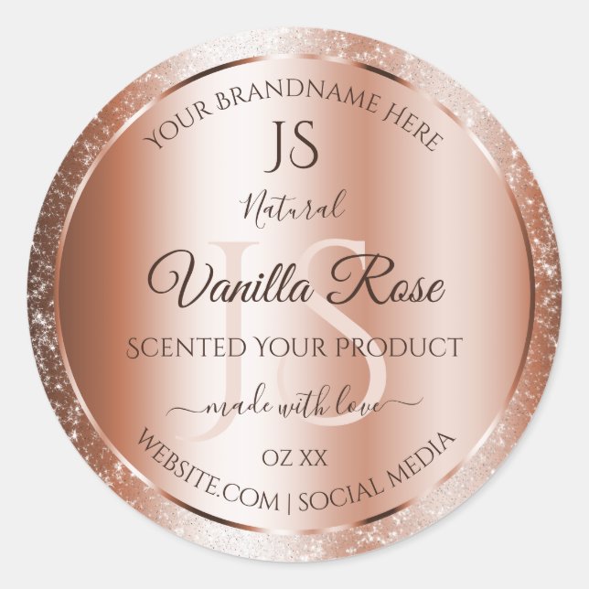 Luxury Rose Gold Glitter Initials Product Labels (Front)