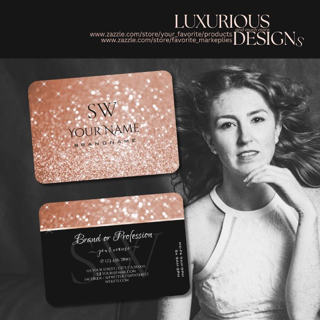 Luxury Rose Gold Glitter Luminous Stars Monogram Business Card (Creator Uploaded)