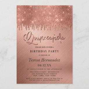Luxury Rose Gold Glitter Pixels Quinceañera Invitation