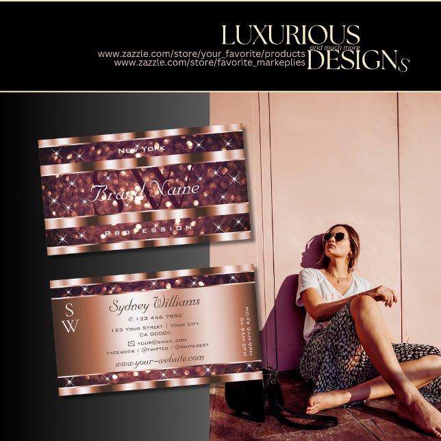 Luxury Rose Gold Glitter Sparkle Stars Monogram Business Card (Creator Uploaded)