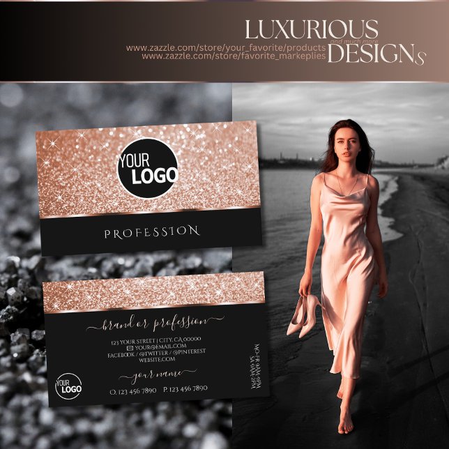 Luxury Rose Gold Glitter Stars Chic Black and Logo Business Card (Creator Uploaded)