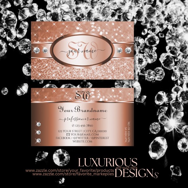 Luxury Rose Gold Glitter Stars Diamonds Monogram Business Card (Creator Uploaded)