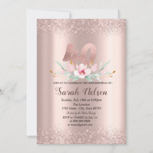Luxury Rose Gold Glitter Watercolor Flower 40th Invitation